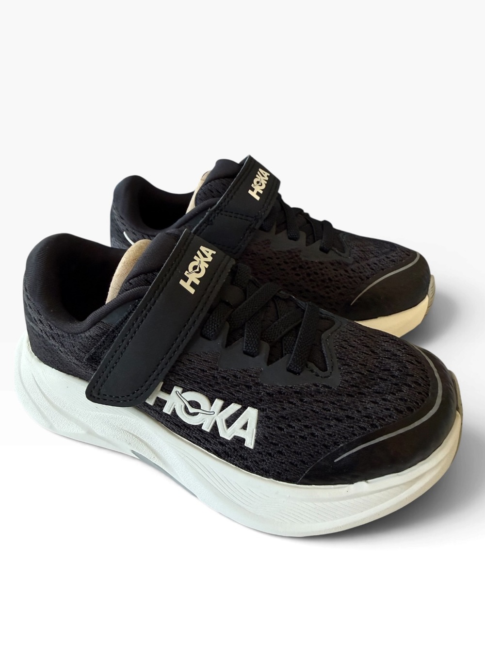 HOKA Rincon 4 Kids Black and White Lightweight Hook-and-Loop Sneakers